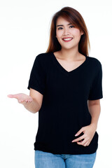 beautiful cutout portrait of young healthy woman on black casual shirt standing with kidding smile on her pretty face