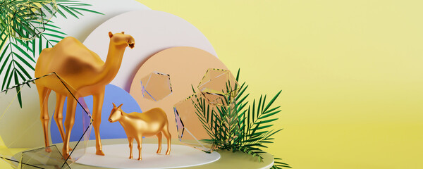 3D render of golden goat and camel against yellow background. Islamic festival of sacrifice Eid-Ul-Adha concept.