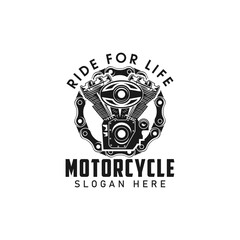 vintage engine and chain logo design,motorcycle logo,monochrome logo,vector,symbol,ride,custom template
