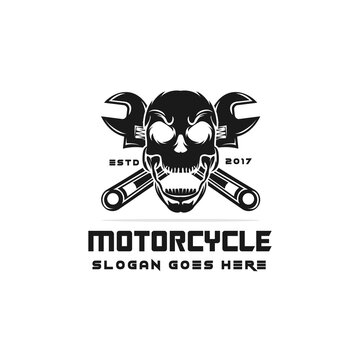 skull and wrench logo monochrome for motorcycle logo,vector template,icon symbol vintage logo