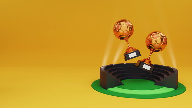3D render of miniature football stadium and golden winning trophies against yellow background.