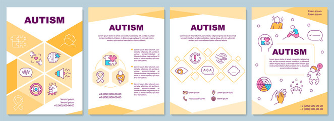 Fototapeta na wymiar Autism brochure template. Behavior and communicational problems. Flyer, booklet, leaflet print, cover design with linear icons. Vector layouts for presentation, annual reports, advertisement pages