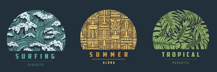 Tropical plant for t-shirt print. Exotic hawaii and summer surfing. Palm and monstera for tropic surf design