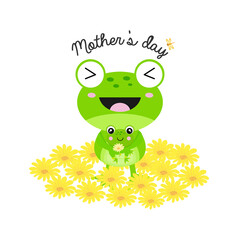 Happy Mother's Day Greeting Card. Mom and baby frog cartoon.