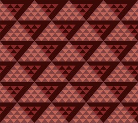 Triangles, seamless pattern, brown, colored, vector. Brown and pink triangles on a dark field. Pattern, seamless. Decorative print. Vector.  