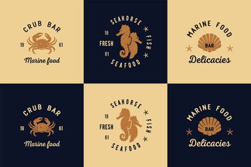 Seafood for logo. Marine delicacy and fresh fish. Nautical wanderlust and adventure for print. Ocean explorer