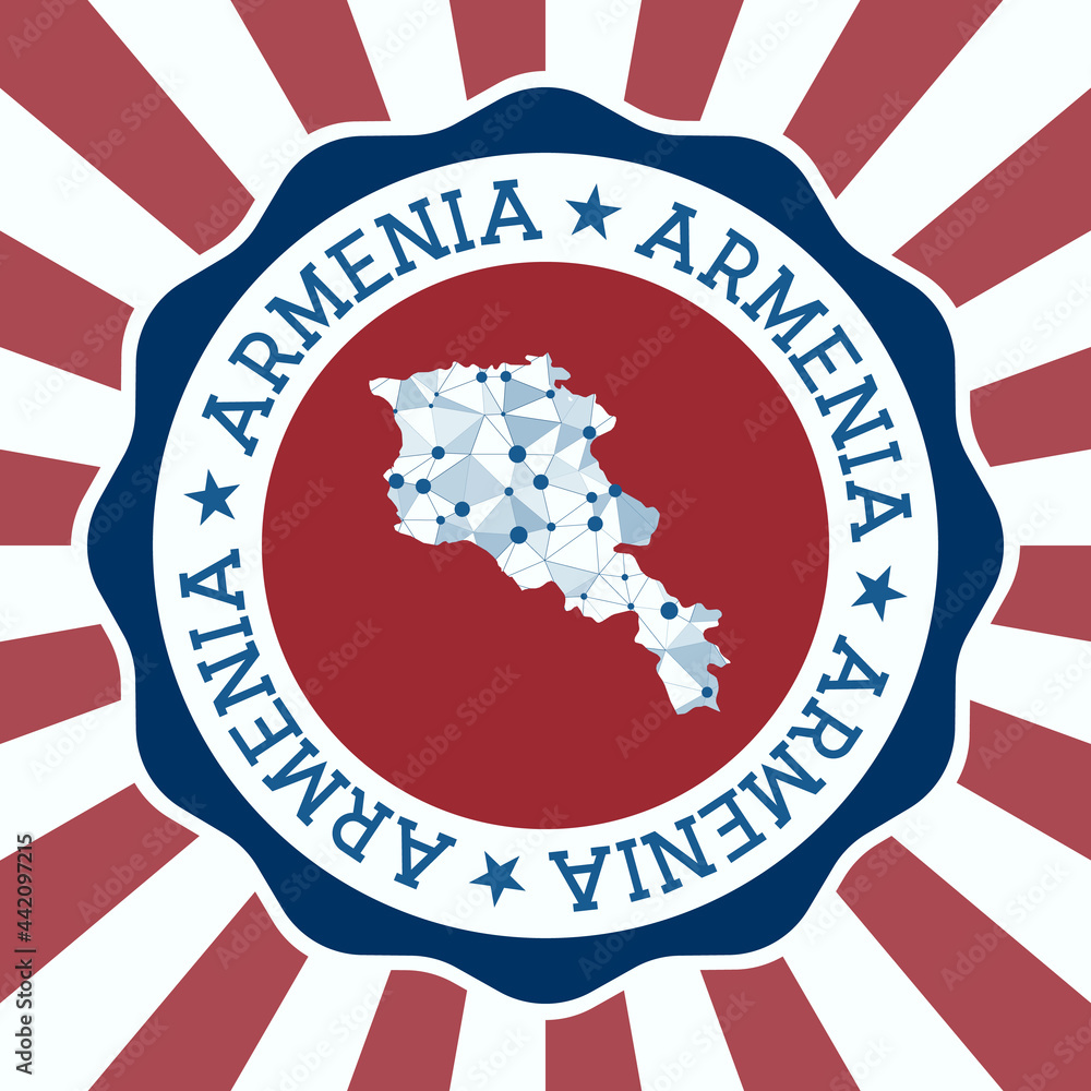 Poster armenia badge. round logo of the country with a triangular mesh map and radial rays. eps10 vector.