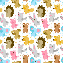 Animal seamless pattern cute fox cat dog hedgehog pig bunny bear elephant zoo flat illustration on white background