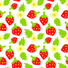 Strawberry cartoon seamless pattern with flowers and leaves