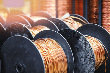 Copper coil cable spool on factory, warehouse factory wire