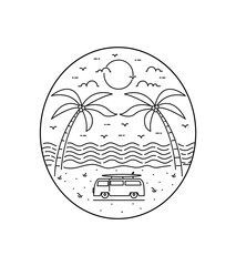 two twin coconut trees on a beautiful beach in mono line art, patch badge design, emblem design, T-Shirt Design