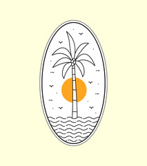 beach and coconut trees in mono line art, patch badge design, emblem design, T-Shirt Design