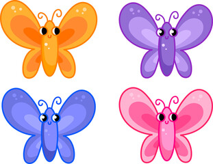Cute vector flat butterflies set characters in cartoon nursery childish style. 