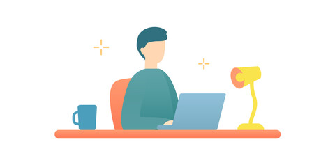 デスクワーク中の男性のイラスト　仕事　デスク　人物　パソコン　ビジネス　働く　シンプル　座る