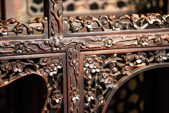 Close-up of carved mahogany furniture and details in Lingnan style, Guangdong, China