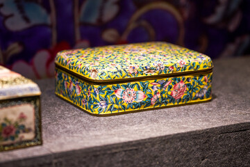 Close-up of carved storage box in Lingnan style, Guangdong, China