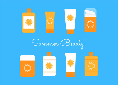 Different spf sunblock creams postcard. Summer beach travel beauty concept. Sun safety UV protective sunscreen cosmetic products icon set collection. Bright colorful flat vector illustration EPS10