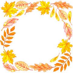 Square watercolor autumn frame made of hand drawn autumn leaves. Happy fall. Border, background for greeting card, text, thanksgiving, childrens print. Forest decoration