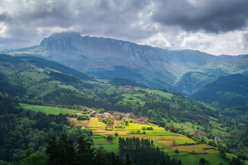 aerial view of orozko countryside town in basque country, Spain