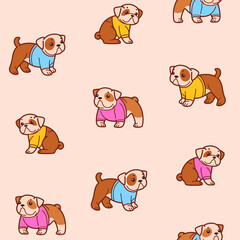 Obraz na płótnie Canvas Cartoon happy bulldog with pullover - simple trendy pattern with dogs. Flat vector illustration for prints, clothing, packaging and postcards. 