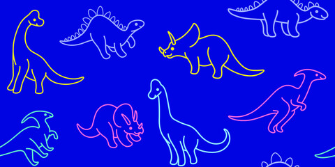 Cartoon dinosaur - seamless trendy pattern with ceratops, parasaurolophus, brachiosaurus,  stegosaurus. Flat vector illustration on blue background.