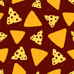 Background with nachos and a slice of cheese on a red background. Seamless pattern for textile, cover, banner or packaging for the holiday. Vector, illustration