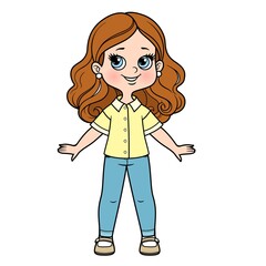 Cute cartoon girl in casual blouse with short sleeves and denim jeans color variation for coloring page isolated on white background