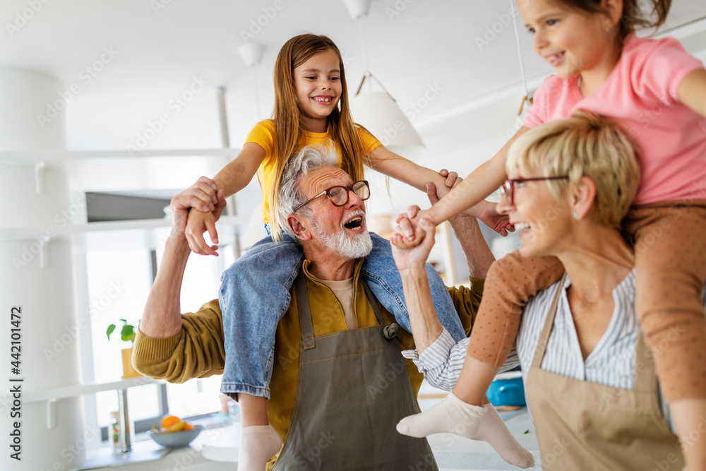 Wall mural Happy grandparents having fun times with children at home