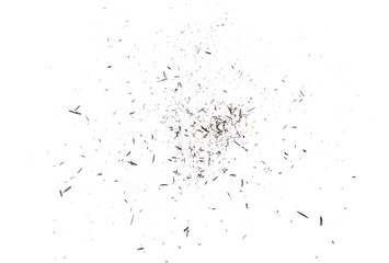 Graphite pencil shavings pile, graphite tips and dust isolated on white background, top view