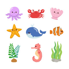 Cute colorful sea creatures collection. Underwater animals. Flat vector cartoon design.