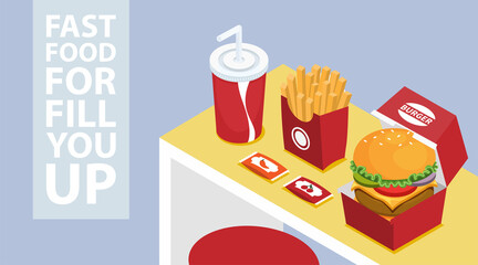illustration vector isometric food of burger box drink and french fries isolated on table background for flyer ads design.