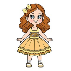 Cute cartoon girl in elegant dress with ornament of roses on the bodicet color variation for coloring page on a white background