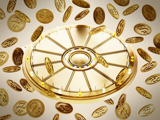 Prize wheel and gold coins with dollar icon on blue background. 3D illustration