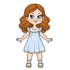 Cute cartoon girl in summer sundress color variation for coloring page on a white background