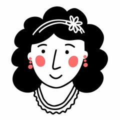 Hand drawn doodle smiling woman's face with flower in the hair. Vector line illustration.