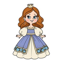 Cute cartoon princess girl in ball gown and little crown color variation for coloring page on a white background