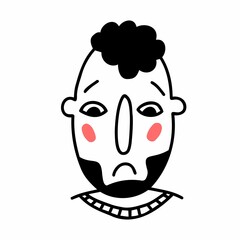 Hand drawn doodle young man's face. Vector line illustration.