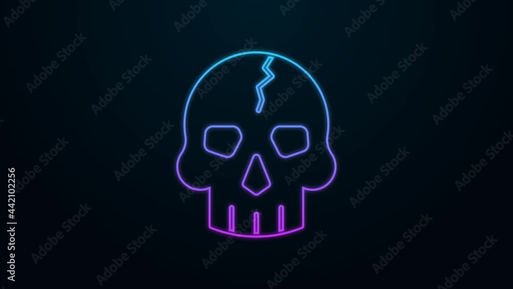 Sticker Glowing neon line Skull icon isolated on black background. Pirate captain. Happy Halloween party. 4K Video motion graphic animation