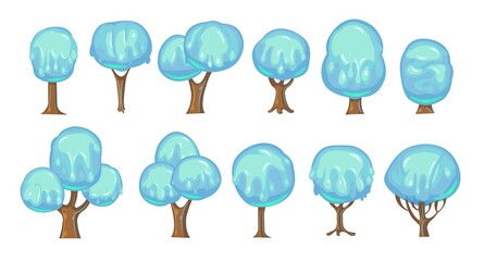 Set of fabulous sweet trees. For landscapes with blue caramel, ice cream or jelly. Perspiration. Childrens fun illustration. Cartoon style. Vector.
