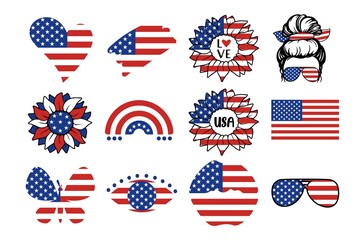 USA independence day symbols set with flag, rainbow, hearts, lips, eyes, sunflower, quotes, woman isolated on white background. Vector flat illustration. Design for banner, poster, greeting card