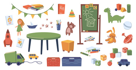 Classroom of kindergarten interior design elements set. Isolated furniture and toys, chalkboard and table, trucks and dolls, colorful flags and cubes with educational books. Flat cartoon vector
