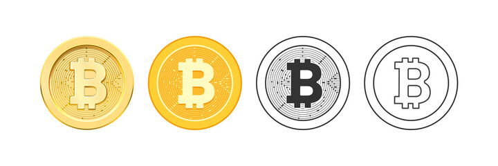 Decentralized virtual currency for payment and transactions, isolated bitcoin icons in realistic, flat and line style. Golden coins, electronic exchange and financial profit, vector illustration