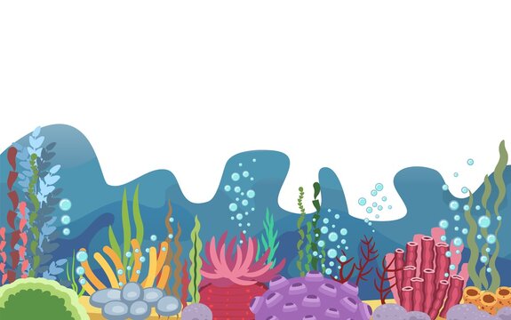 The bottom of the reservoir with fish. Blue water. Sea ocean. Underwater landscape with animals, plants, algae and corals. Illustration in cartoon style. Isolated. Flat design. Vector art © Ирина Мордвинкина