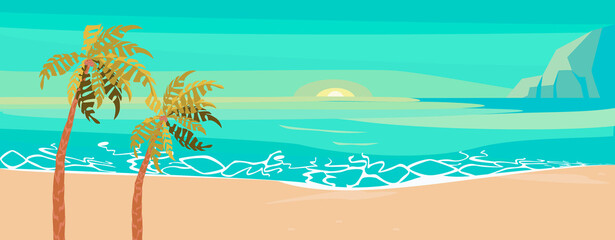 Fototapeta na wymiar Sea coast panoramic landscape on sunset with sand beach and palm trees.
