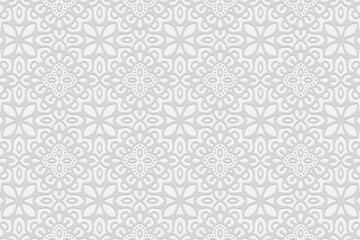 3d volumetric convex embossed geometric white background. Beautiful fashionable pattern with ethnic ornament in the style of handmade islam, arabic, indian, turkish, pakistani, chinese, ottoman motive