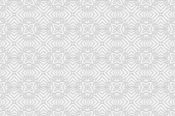 3d volumetric convex embossed geometric white background. A graceful pattern with ethnic ornaments in the style of handmade Islam, Arabic, Indian, Turkish, Pakistani, Chinese, ottoman motives.