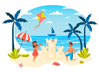 Summer vacation isolated scene. Girl and boy building sand castle, playing games on beach. Children resting at seaside resort, recreation tropical island. Vector illustration in flat cartoon design
