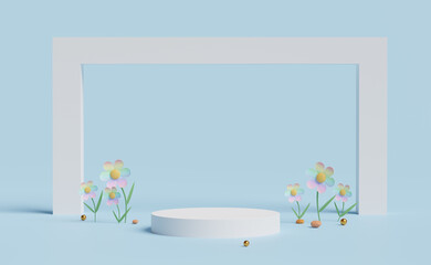 cylinder stage podium empty with flower,ball in blue pastel composition. Summer decorate concept ,abstract showcase background ,3d illustration or 3d render
