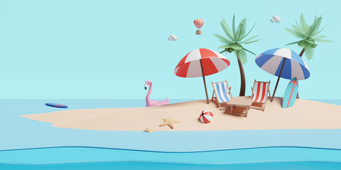 Fototapeta na wymiar summer sea beach and island with beach chair,umbrella,ball ,Inflatable flamingo,cloud,Hot air balloon,starfish,coconut tree isolated landscape background concept ,3d illustration or 3d render
