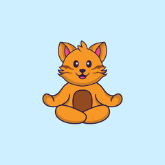 Cute cat is meditating or doing yoga. Animal cartoon concept isolated. Can used for t-shirt, greeting card, invitation card or mascot. Flat Cartoon Style